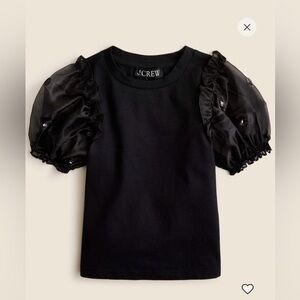 J. Crew Crewcuts Girls Black Cotton Tee with Sheer Puff Sleeves Sz L (10-11)